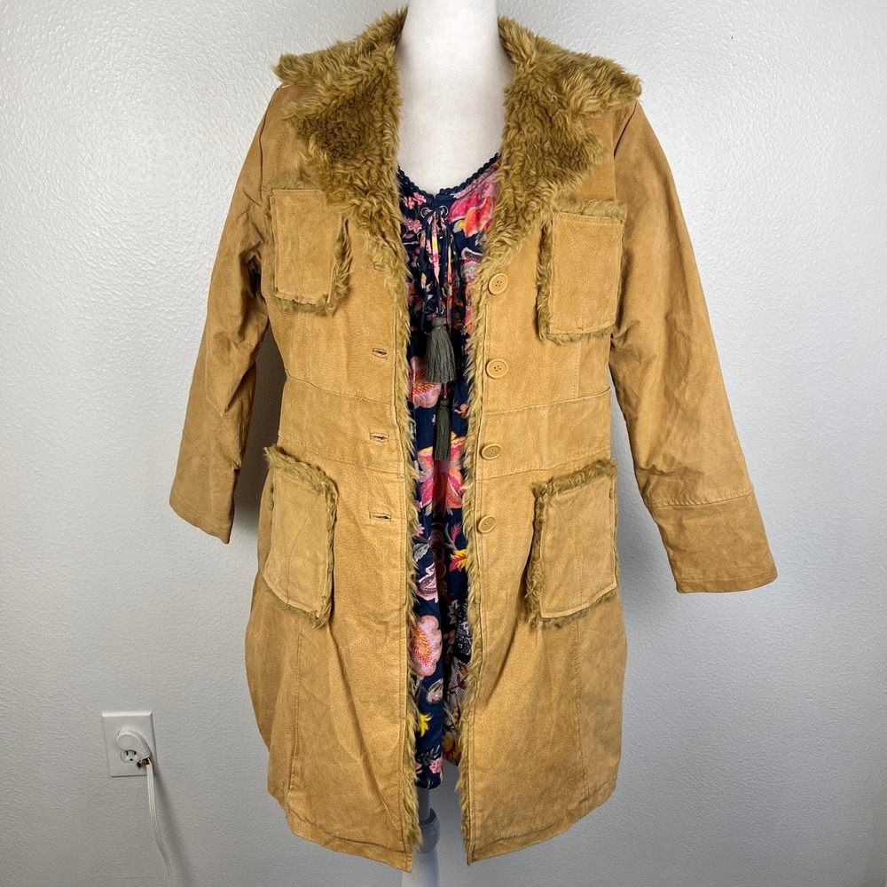 RAG Tan Suede Penny Lane Jacket Womens Large Faux Fur Trim Western Boho Vintage
